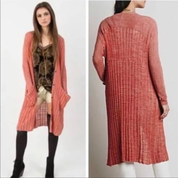 Free People Shadow Stripe‎ Maxi Cardigan Burnt Orange Medium boho sweater button - Picture 1 of 13